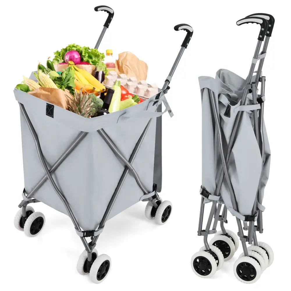 Folding Shopping Utility Cart with Water-Resistant Removable Canvas Bag-Grey - Gray - Kitchen