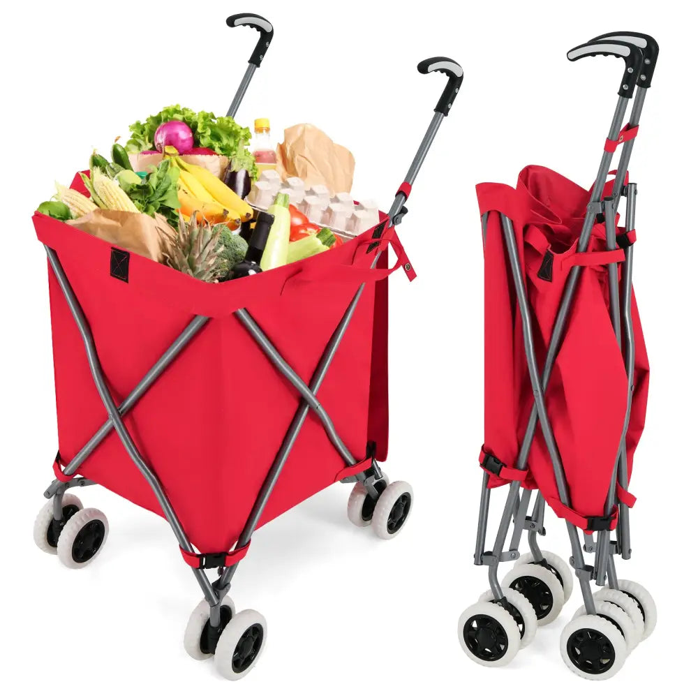 Folding Shopping Utility Cart with Water-Resistant Removable Canvas Bag-Red - Red - Kitchen