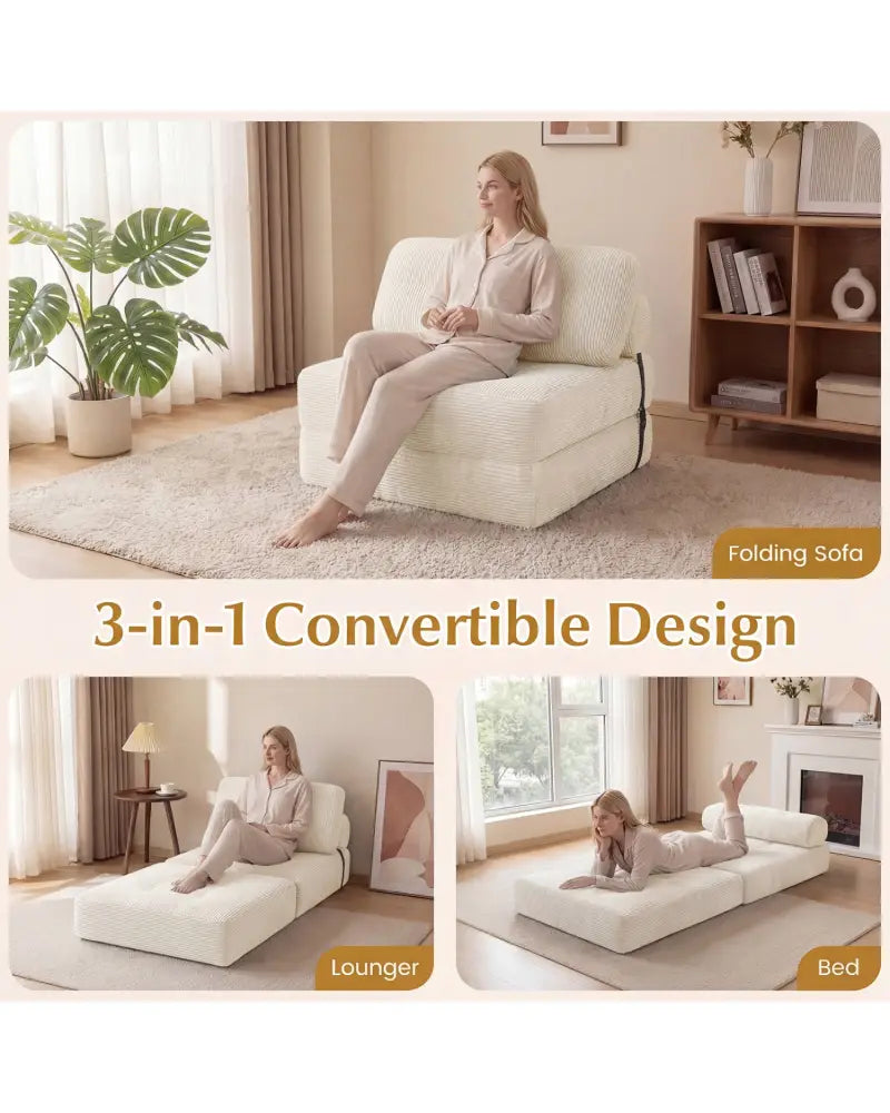 Folding Sofa Bed with Pillow and Back Support for Living Room-Beige - Beige - Sofas & Loveseats