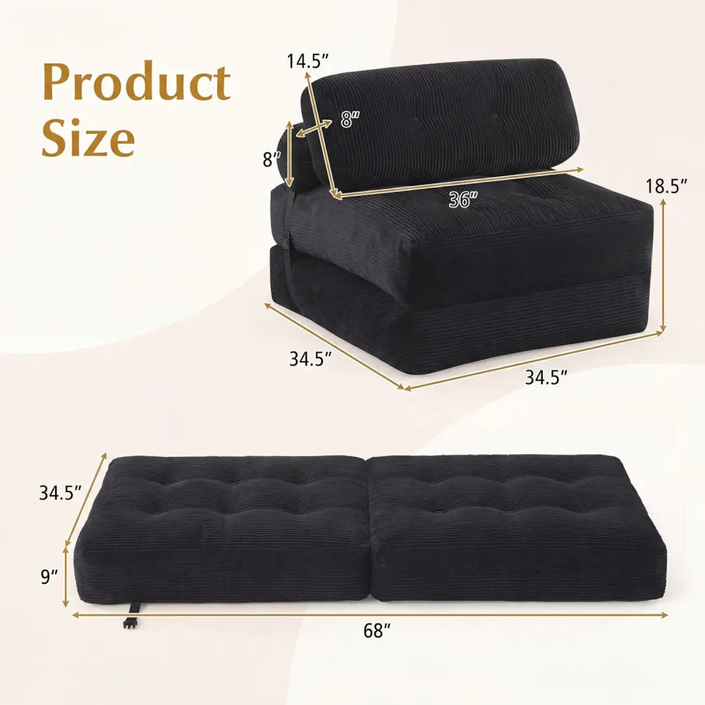 Folding Sofa Bed with Pillow and Back Support for Living Room-Black - Black - Sofas & Loveseats