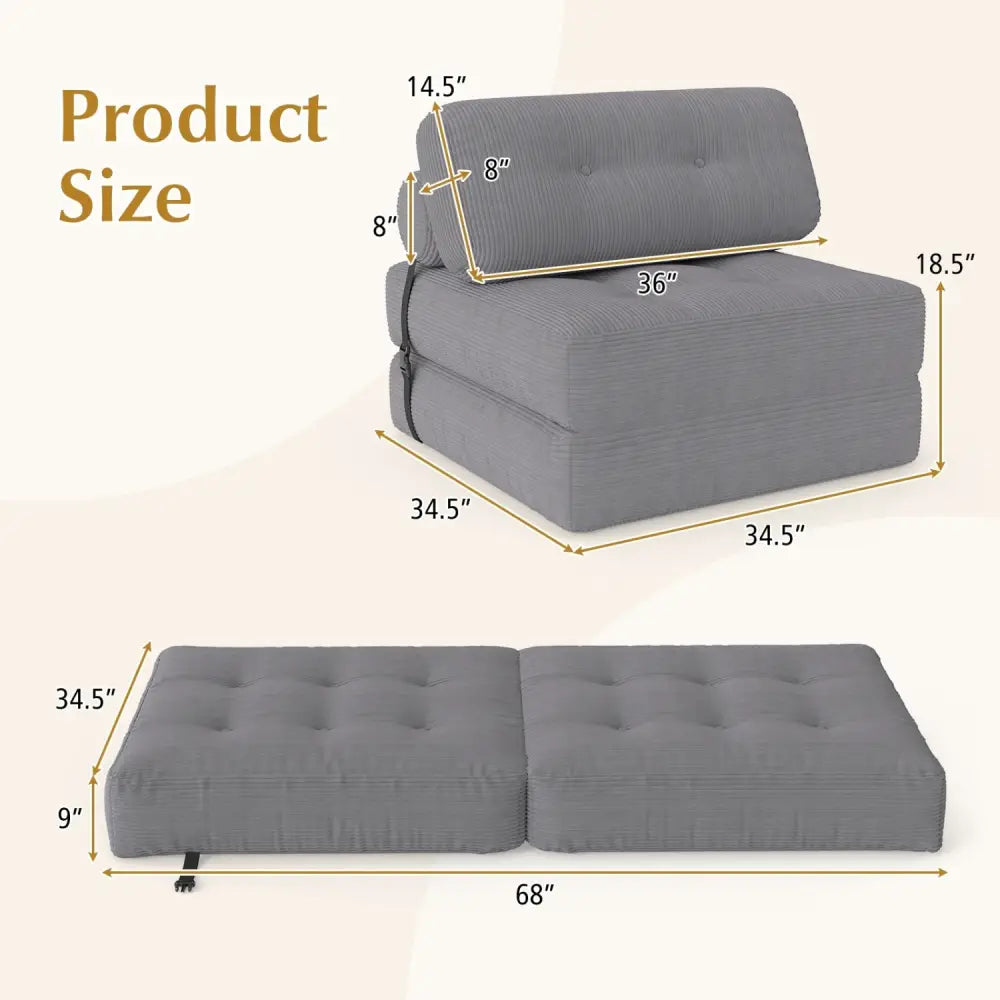 Folding Sofa Bed with Pillow and Back Support for Living Room-Gray - Gray - Sofas & Loveseats