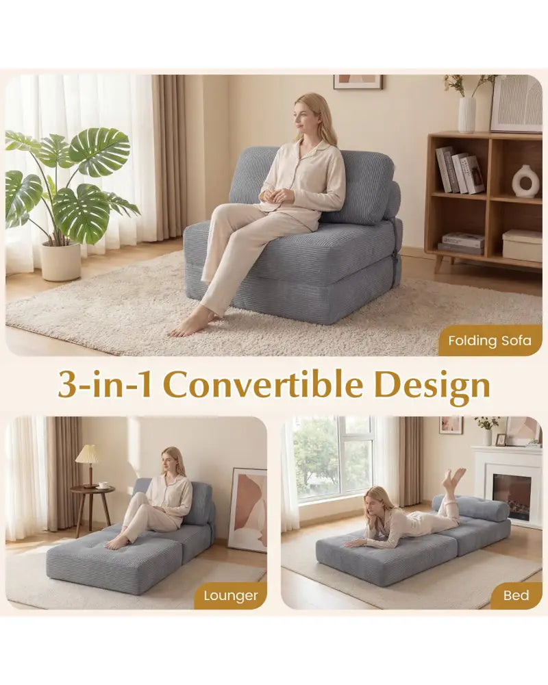 Folding Sofa Bed with Pillow and Back Support for Living Room-Gray - Gray - Sofas & Loveseats