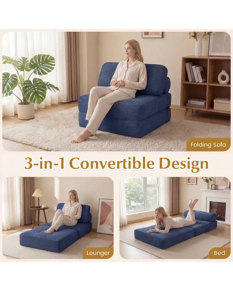 Folding Sofa Bed with Pillow and Back Support for Living Room-Navy - Navy - Sofas & Loveseats