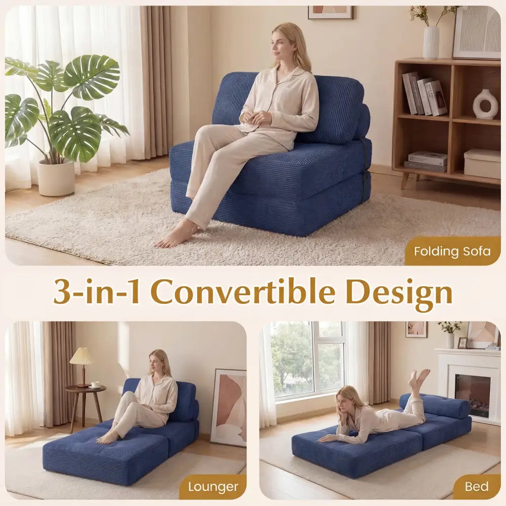 Folding Sofa Bed with Pillow and Back Support for Living Room-Navy - Navy - Sofas & Loveseats