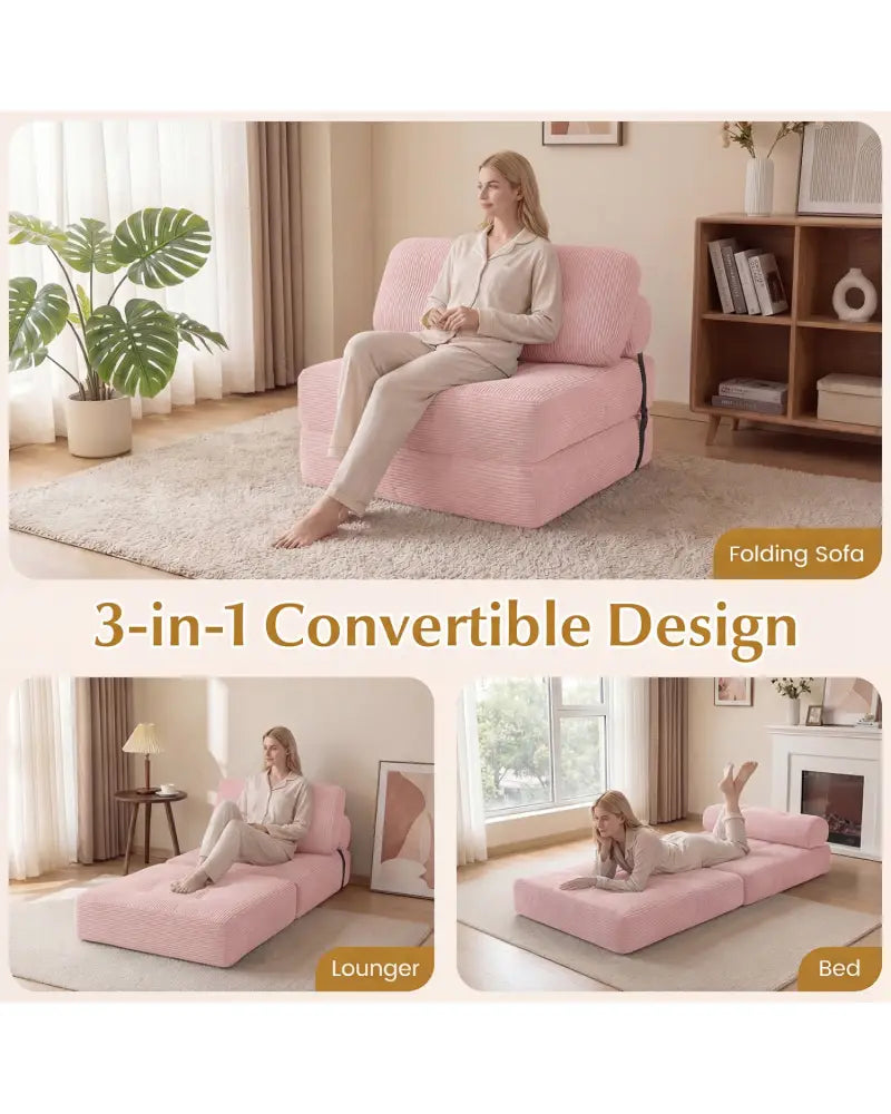 Folding Sofa Bed with Pillow and Back Support for Living Room-Pink - Pink - Sofas & Loveseats