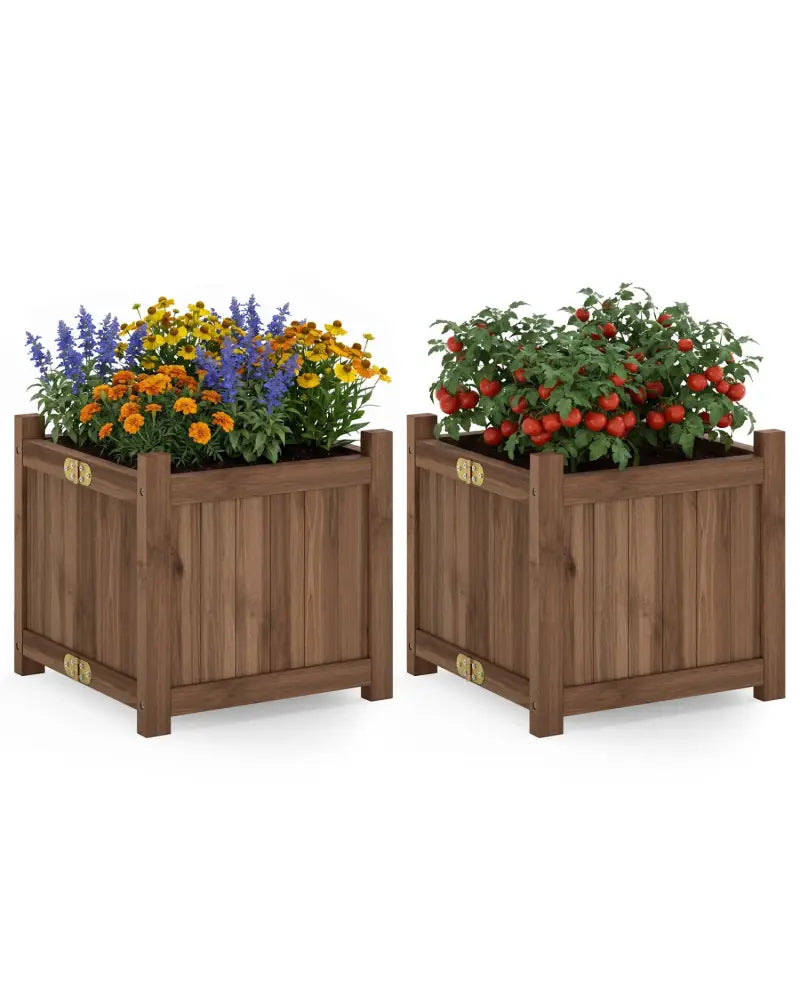 Folding Square Fir Wood Raised Garden Bed with Removable Bottom Set of 2-Brown - Brown - Raised Garden Beds