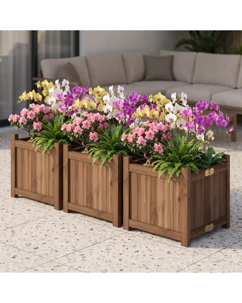 Folding Square Fir Wood Raised Garden Bed with Removable Bottom Set of 2-Brown - Brown - Raised Garden Beds
