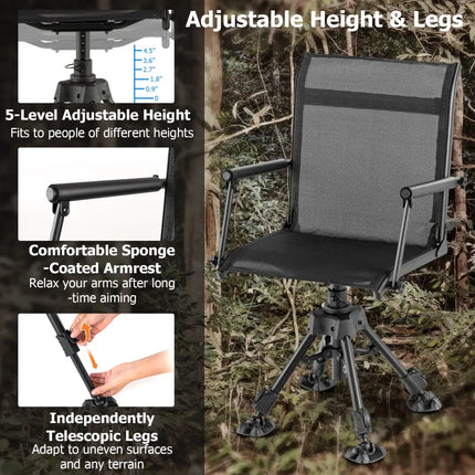 Folding Swivel Patio Chair with 4 Adjustable Leg-Black - Black - Camping Furniture