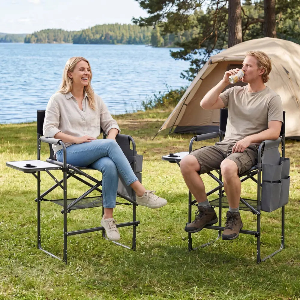 Folding Tall Director Chair 26 Inch Seat Height Portable Camping Chair with Side Table-Gray - Gray - Camping Furniture