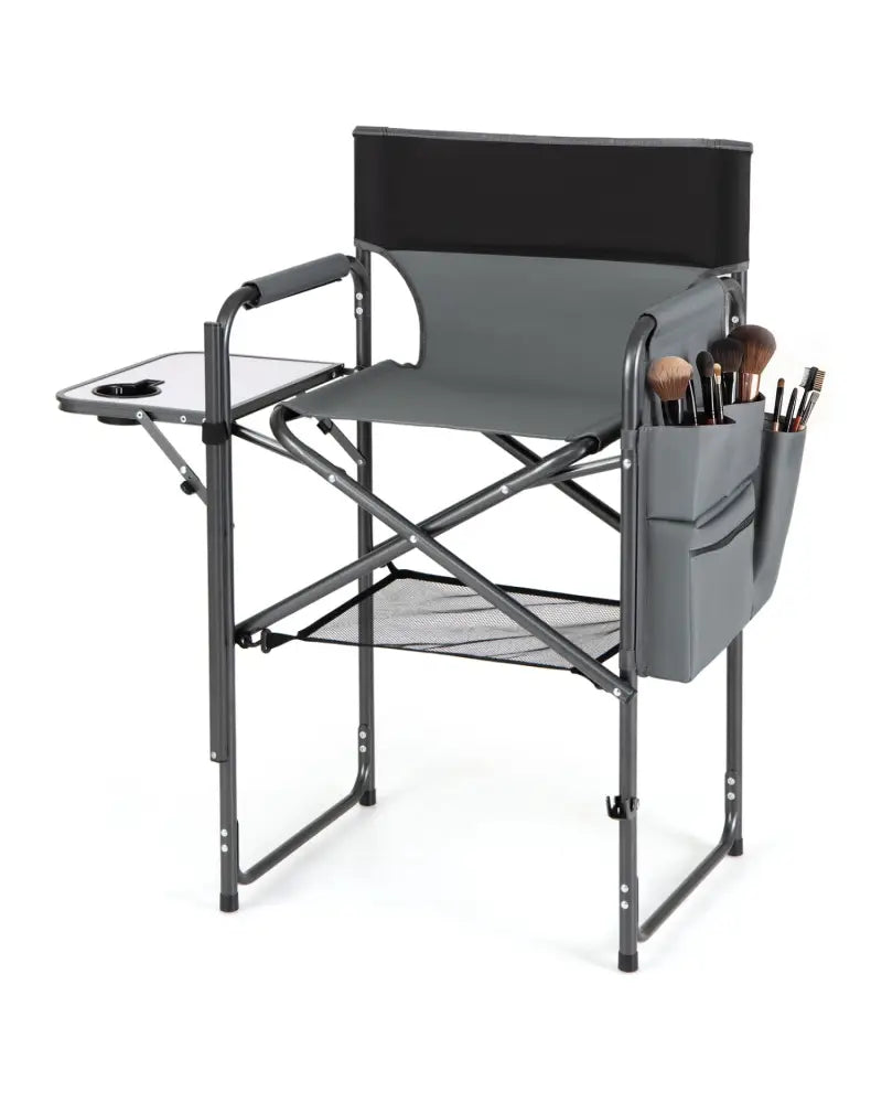 Folding Tall Director Chair 26 Inch Seat Height Portable Camping Chair with Side Table-Gray - Gray - Camping Furniture