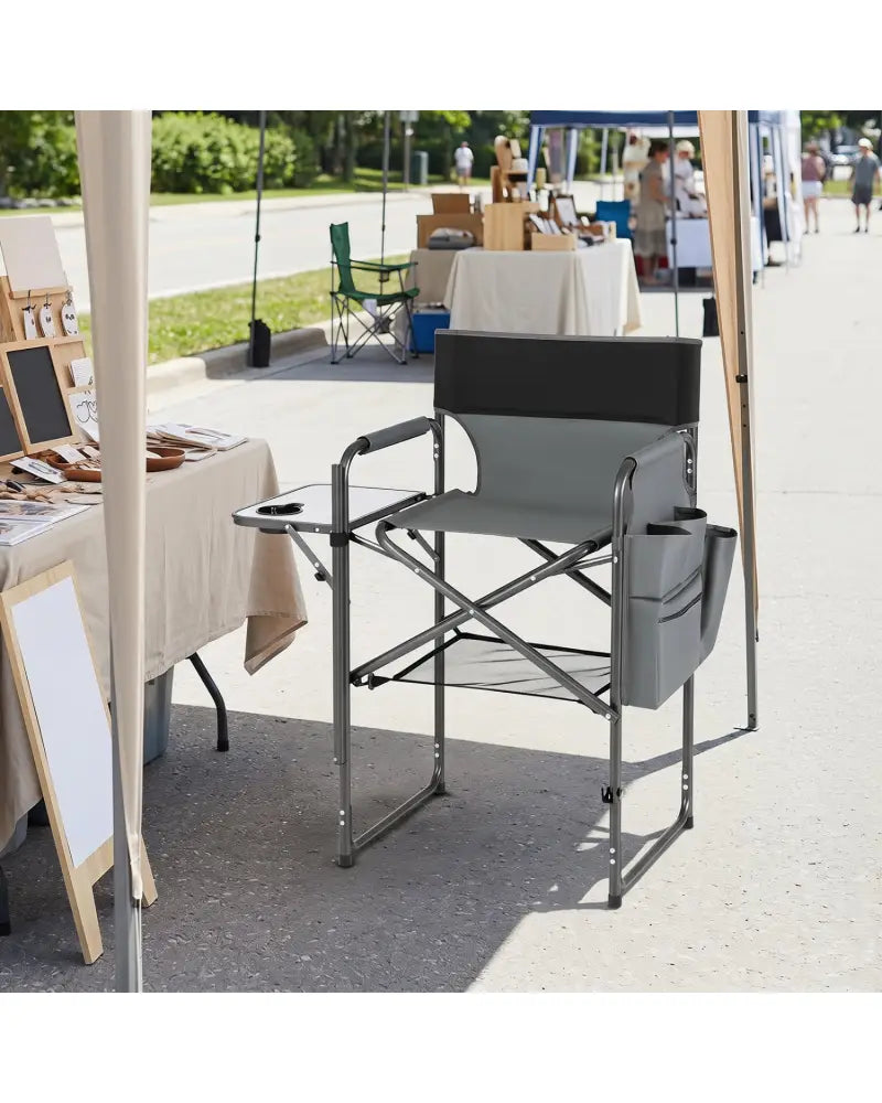 Folding Tall Director Chair 26 Inch Seat Height Portable Camping Chair with Side Table-Gray - Gray - Camping Furniture