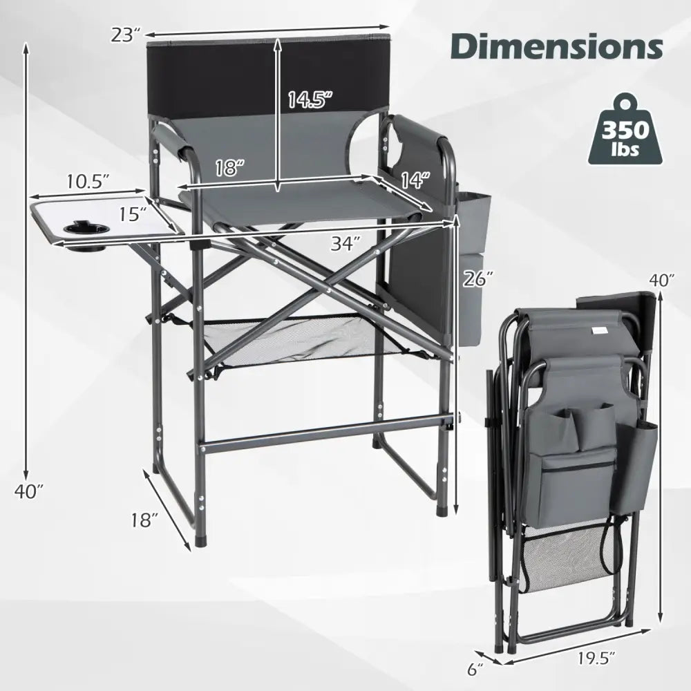 Folding Tall Director Chair 26 Inch Seat Height Portable Camping Chair with Side Table-Gray - Gray - Camping Furniture