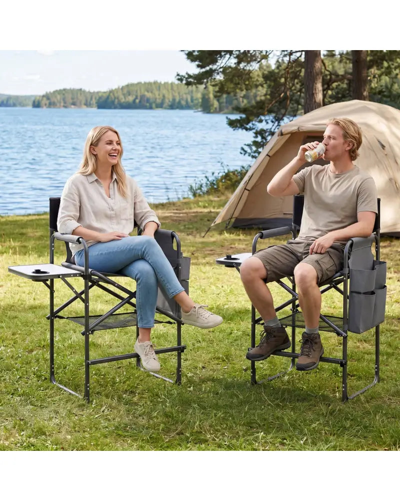 Folding Tall Director Chair 26 Inch Seat Height Portable Camping Chair with Side Table-Gray - Gray - Camping Furniture