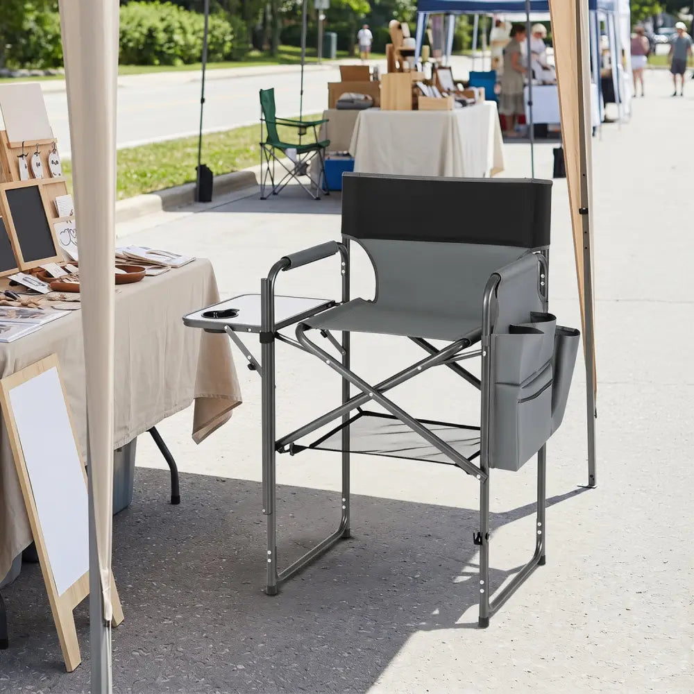 Folding Tall Director Chair 26 Inch Seat Height Portable Camping Chair with Side Table-Gray - Gray - Camping Furniture