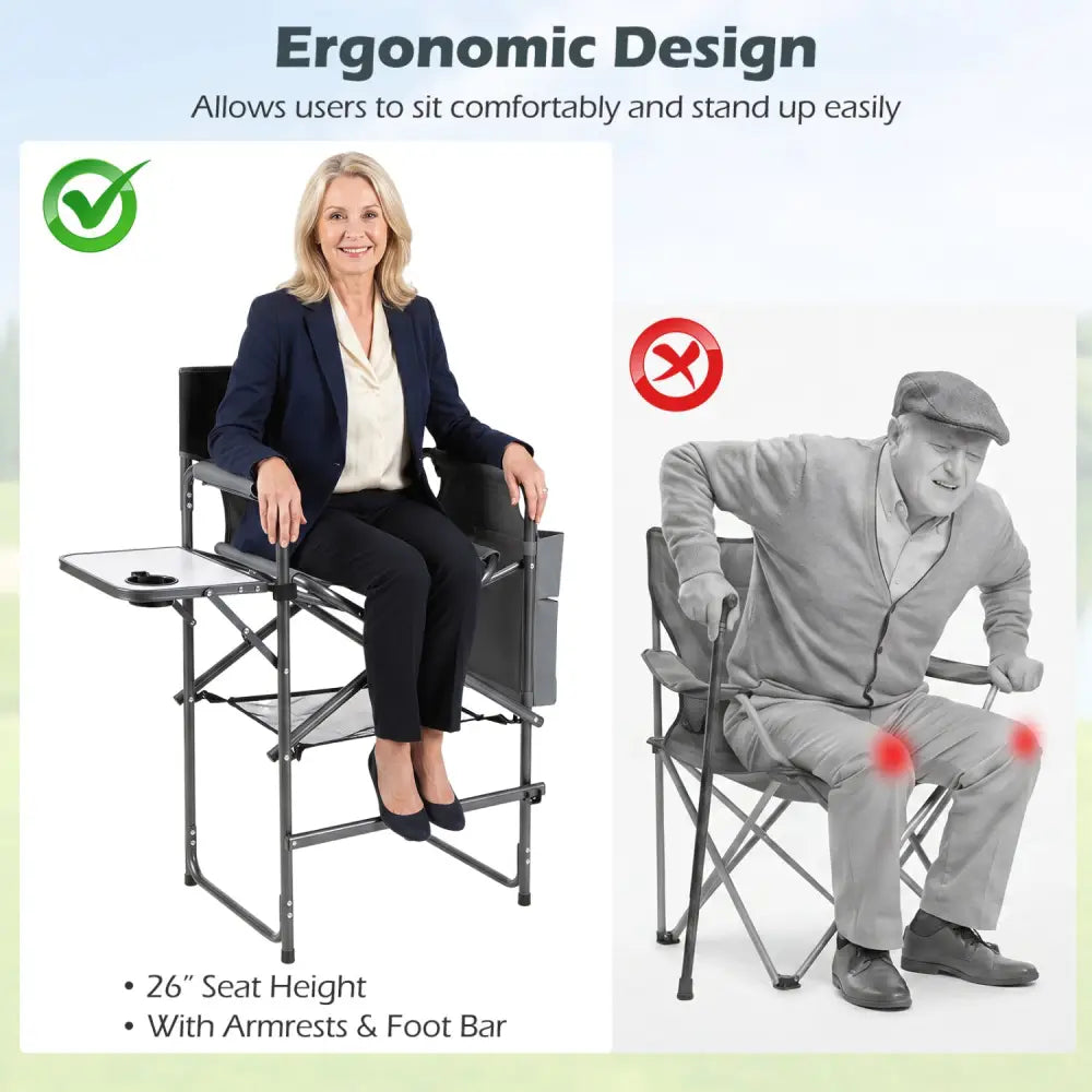 Folding Tall Director Chair 26 Inch Seat Height Portable Camping Chair with Side Table-Gray - Gray - Camping Furniture