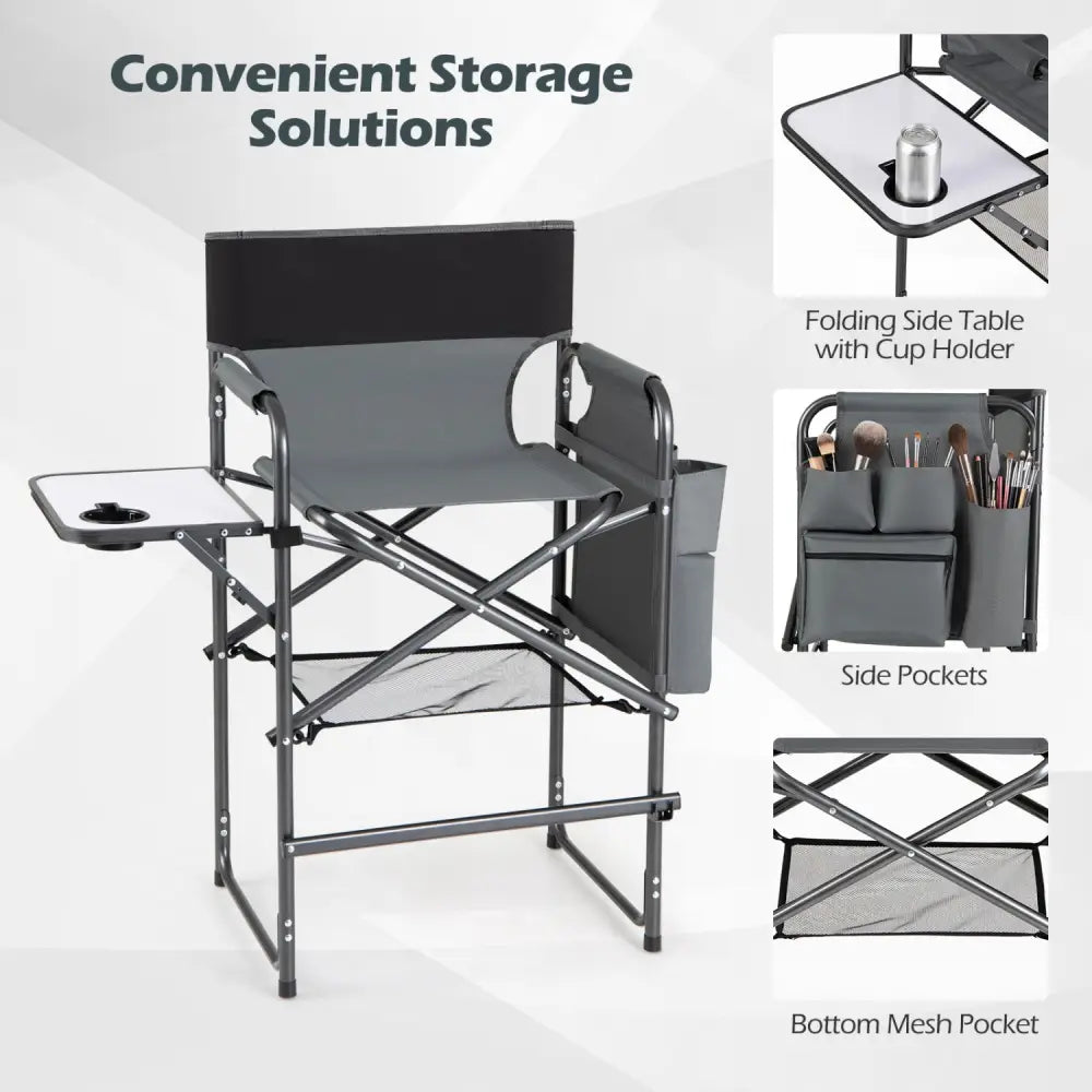 Folding Tall Director Chair 26 Inch Seat Height Portable Camping Chair with Side Table-Gray - Gray - Camping Furniture