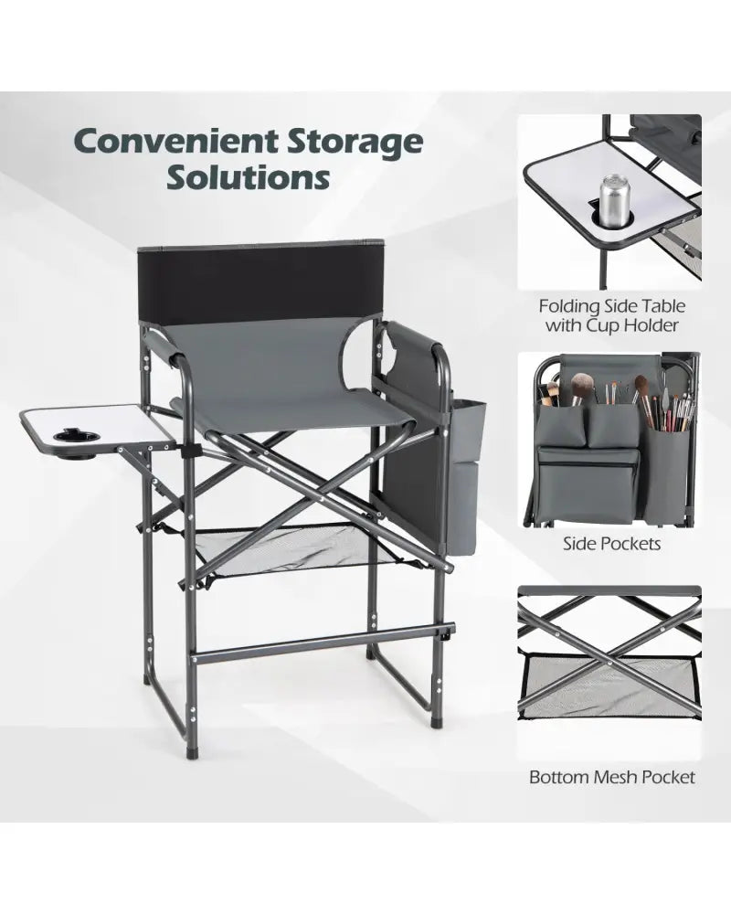 Folding Tall Director Chair 26 Inch Seat Height Portable Camping Chair with Side Table-Gray - Gray - Camping Furniture
