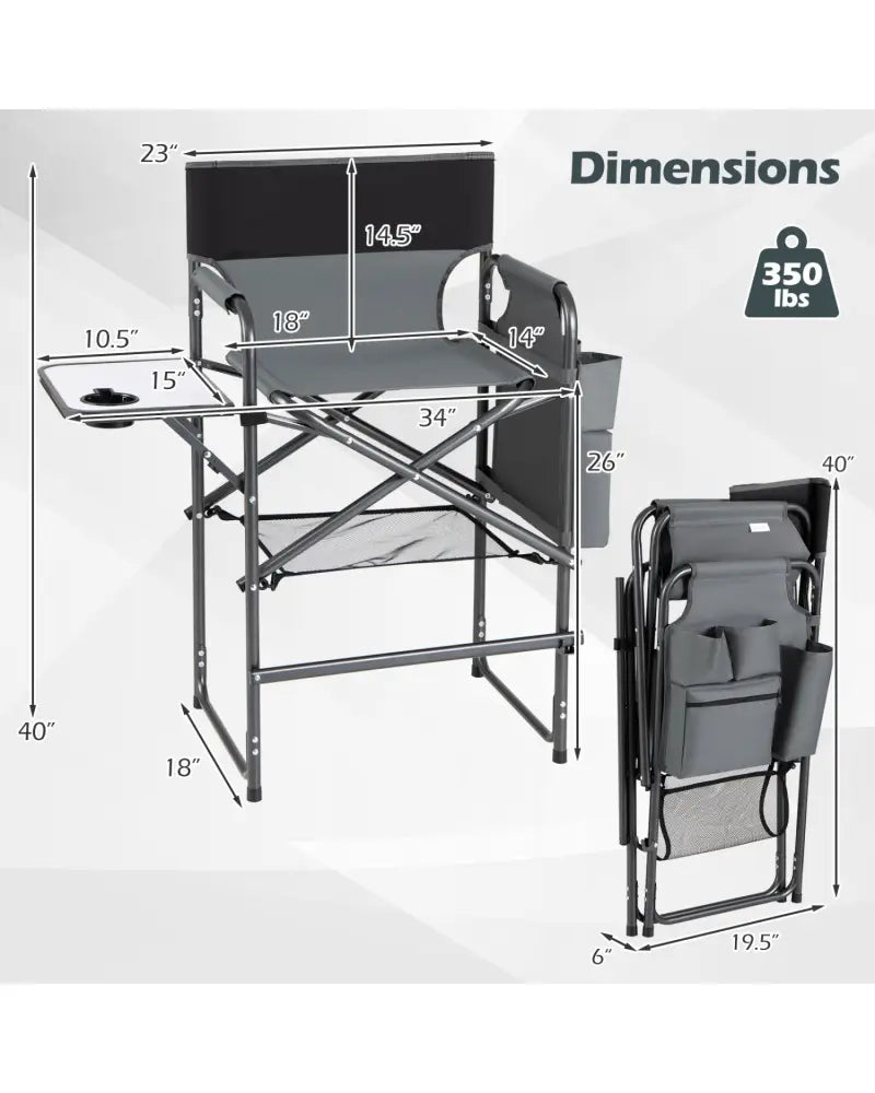 Folding Tall Director Chair 26 Inch Seat Height Portable Camping Chair with Side Table-Gray - Gray - Camping Furniture