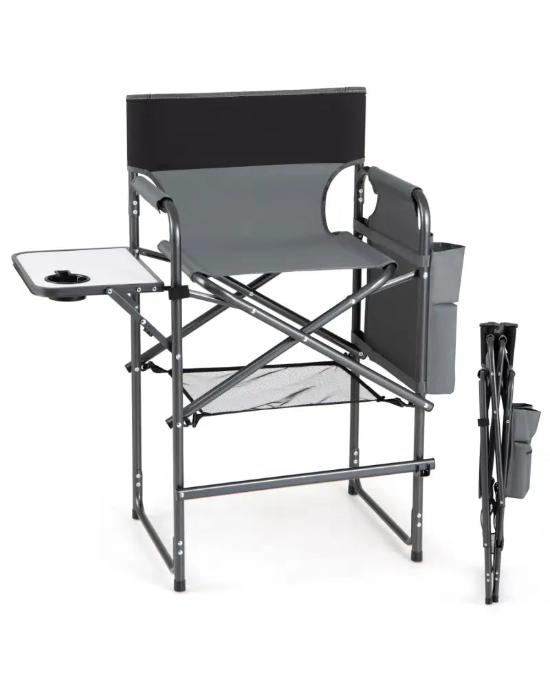 Folding Tall Director Chair 26 Inch Seat Height Portable Camping Chair with Side Table-Gray - Gray - Camping Furniture