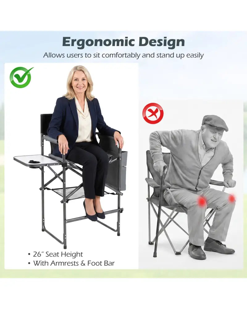 Folding Tall Director Chair 26 Inch Seat Height Portable Camping Chair with Side Table-Gray - Gray - Camping Furniture