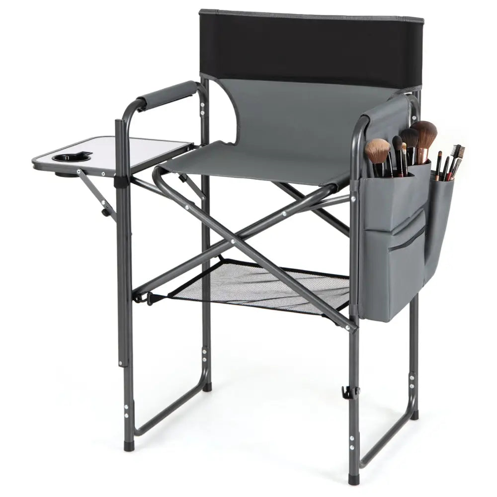 Folding Tall Director Chair 26 Inch Seat Height Portable Camping Chair with Side Table-Gray - Gray - Camping Furniture