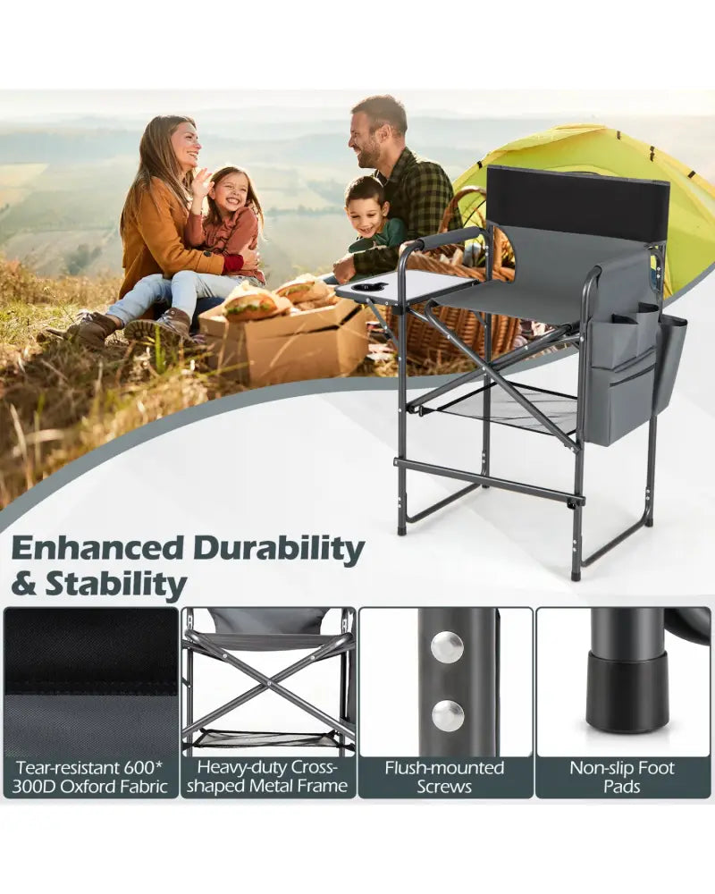 Folding Tall Director Chair 26 Inch Seat Height Portable Camping Chair with Side Table-Gray - Gray - Camping Furniture
