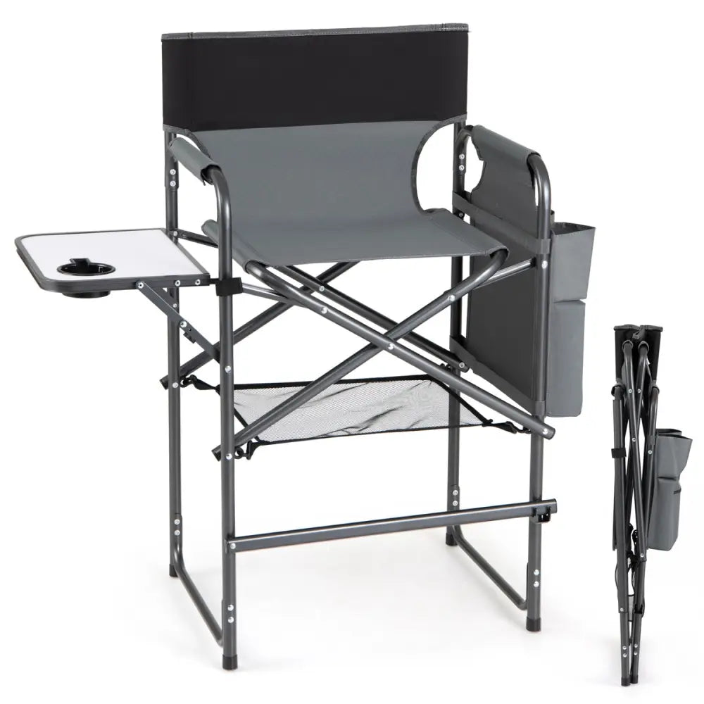 Folding Tall Director Chair 26 Inch Seat Height Portable Camping Chair with Side Table-Gray - Gray - Camping Furniture