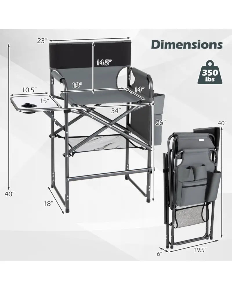 Folding Tall Director Chair 26 Inch Seat Height Portable Camping Chair with Side Table-Gray - Gray - Camping Furniture