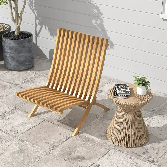 Folding Teak Wood Outdoor Lounge Chair with Slatted Seat and Backrest - Patio Dining Chairs