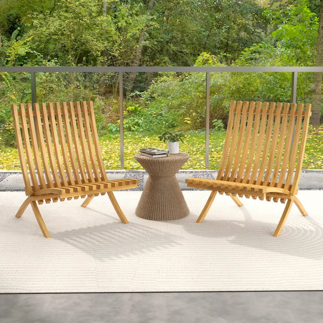 Folding Teak Wood Outdoor Lounge Chair with Slatted Seat and Backrest - Patio Dining Chairs