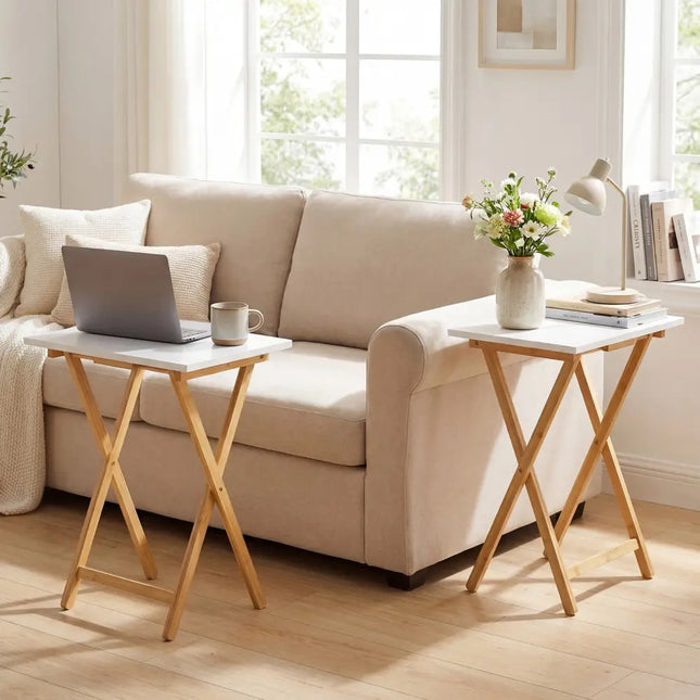 Folding TV Tray Tables Set of 2 for Small Spaces Bedroom and Living Room-White - White - End & Side Tables