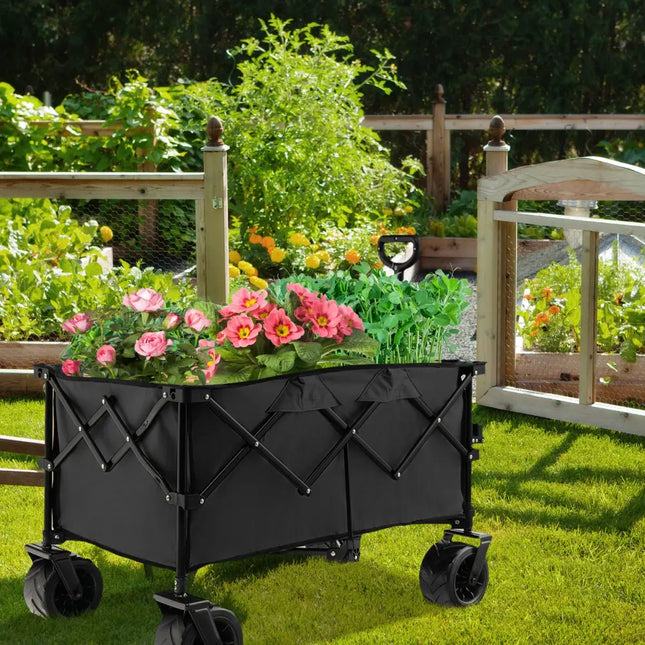 Folding Utility Garden Cart with Wide Wheels and Adjustable Handle-Black - Black - Garden Carts