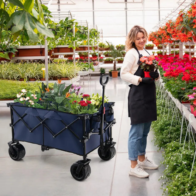 Folding Utility Garden Cart with Wide Wheels and Adjustable Handle-Blue - Blue - Garden Carts