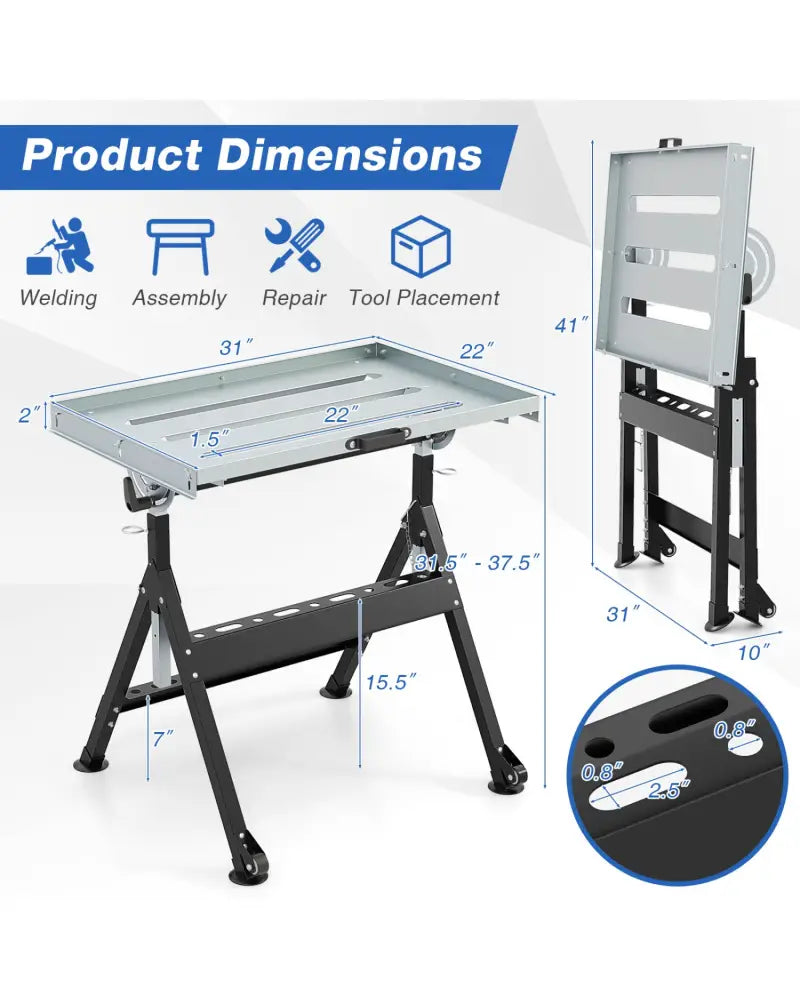Folding Welding Table Welding Workbench with 2 Fixed Wheels 4-Level Height-Black - Black - Garages