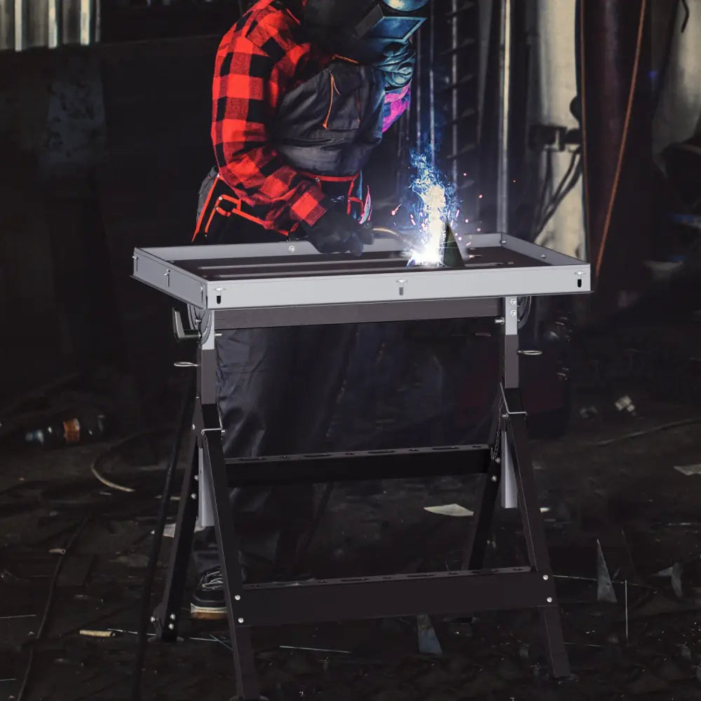 Folding Welding Table Welding Workbench with 2 Fixed Wheels 4-Level Height-Black - Black - Garages