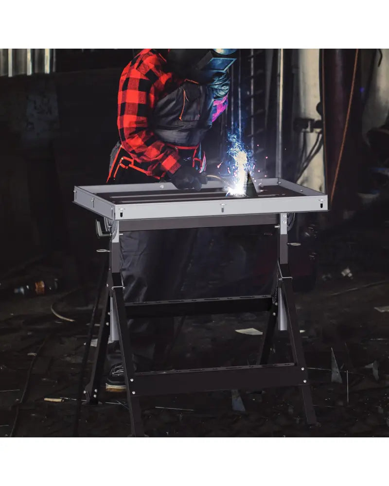 Folding Welding Table Welding Workbench with 2 Fixed Wheels 4-Level Height-Black - Black - Garages