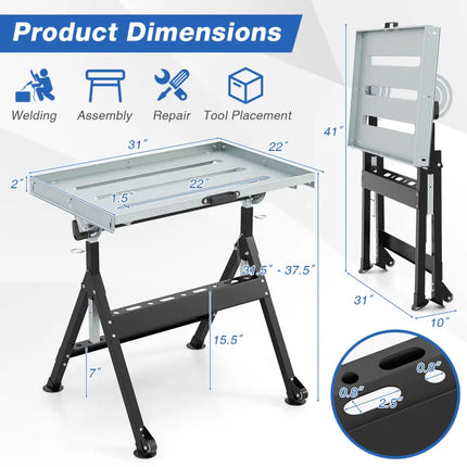 Folding Welding Table Welding Workbench with 2 Fixed Wheels 4-Level Height-Black - Black - Garages