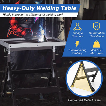 Folding Welding Table Welding Workbench with 2 Fixed Wheels 4-Level Height-Black - Black - Garages