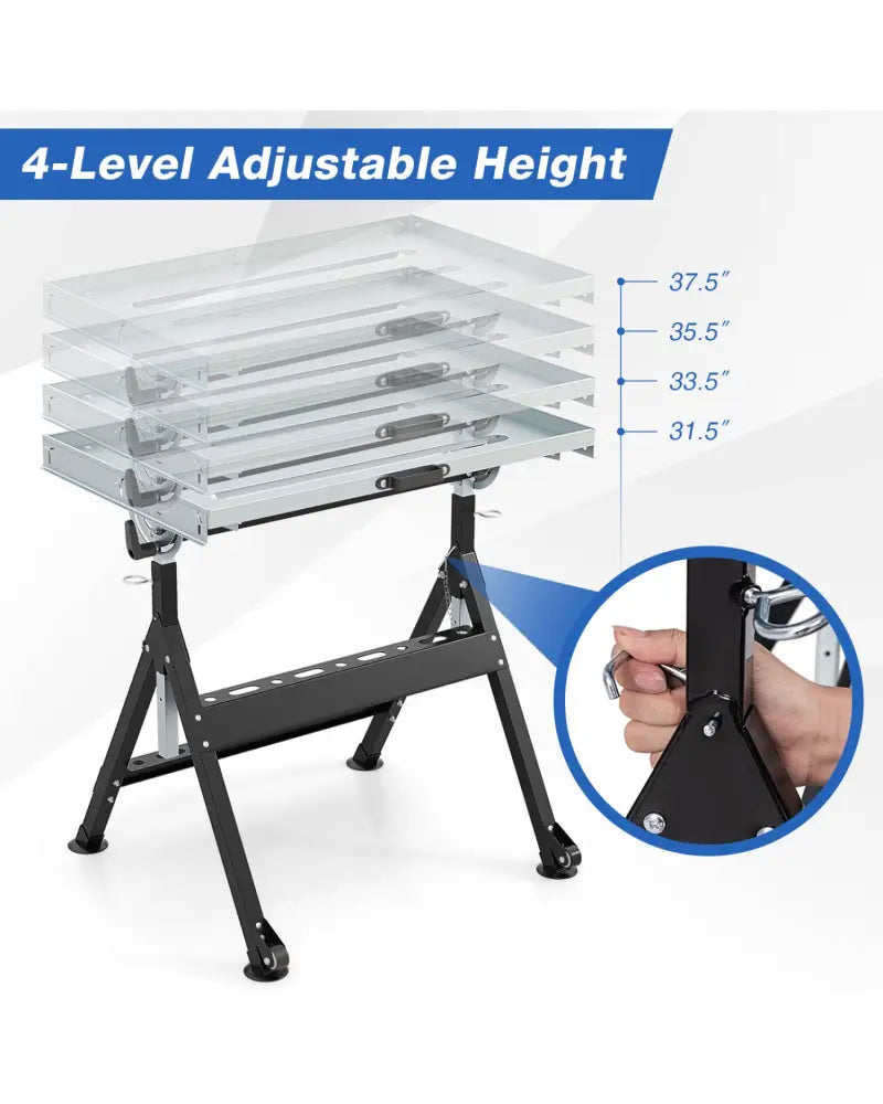 Folding Welding Table Welding Workbench with 2 Fixed Wheels 4-Level Height-Black - Black - Garages