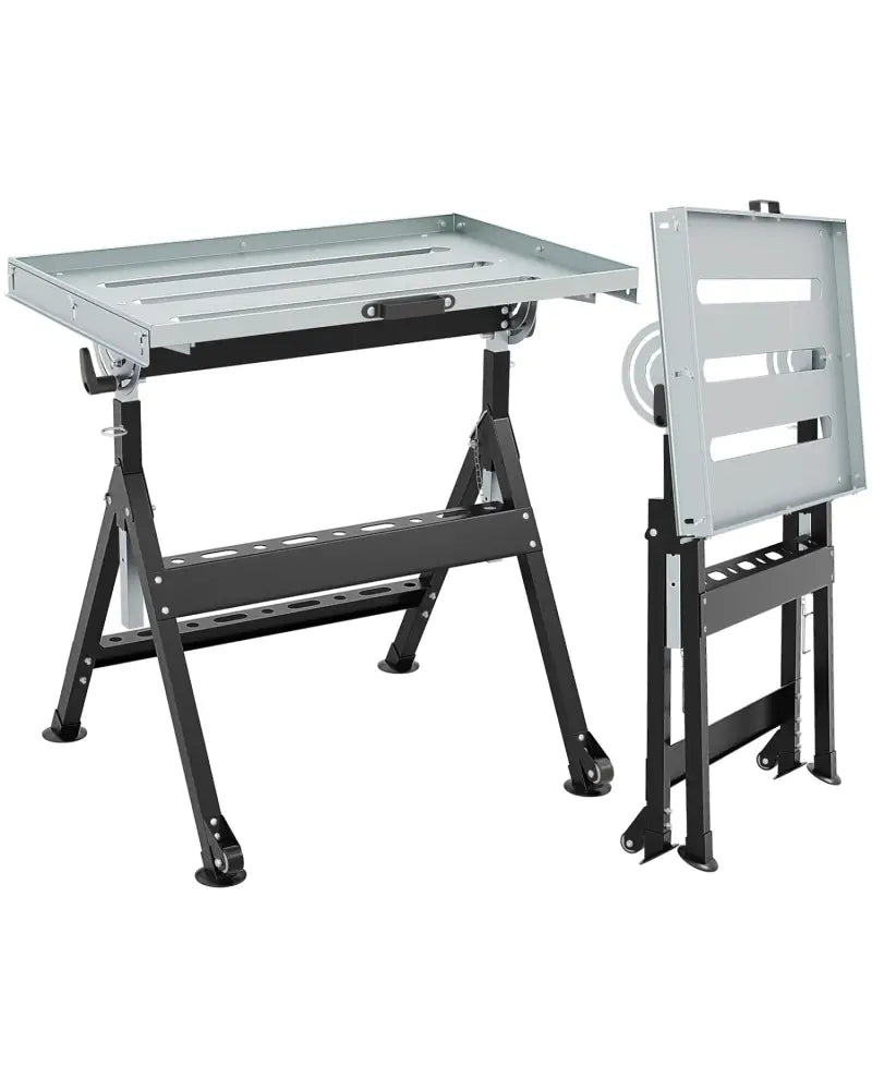 Folding Welding Table Welding Workbench with 2 Fixed Wheels 4-Level Height-Black - Black - Garages