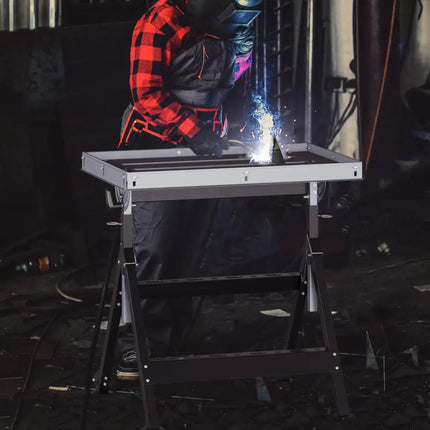 Folding Welding Table Welding Workbench with 2 Fixed Wheels 4-Level Height-Black - Black - Garages