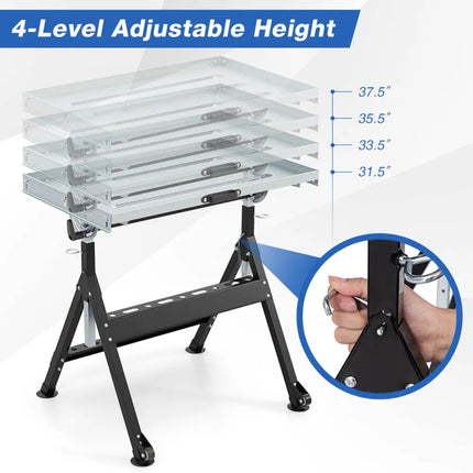 Folding Welding Table Welding Workbench with 2 Fixed Wheels 4-Level Height-Black - Black - Garages