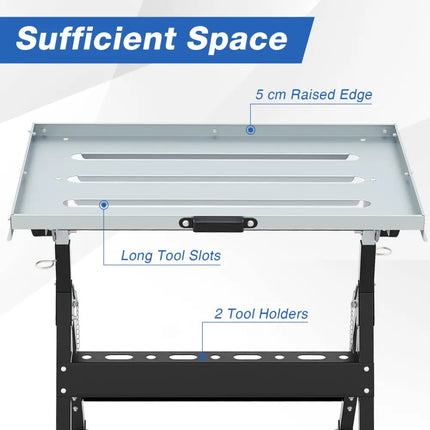 Folding Welding Table Welding Workbench with 2 Fixed Wheels 4-Level Height-Black - Black - Garages