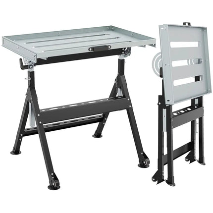 Folding Welding Table Welding Workbench with 2 Fixed Wheels 4-Level Height-Black - Black - Garages
