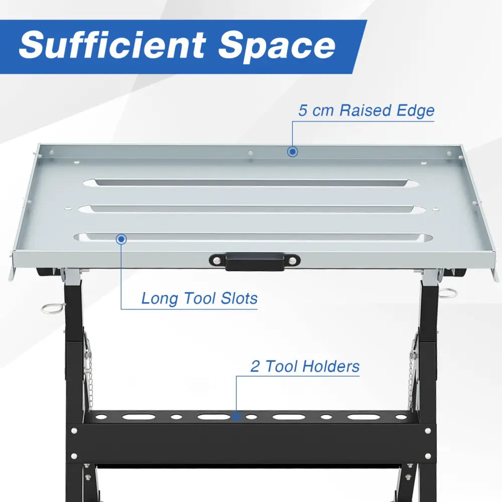 Folding Welding Table Welding Workbench with 2 Fixed Wheels 4-Level Height-Black - Black - Garages
