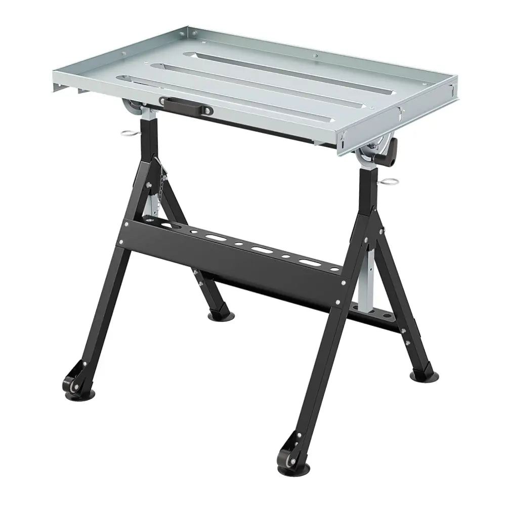 Folding Welding Table Welding Workbench with 2 Fixed Wheels 4-Level Height-Black - Black - Garages