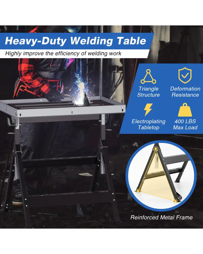 Folding Welding Table Welding Workbench with 2 Fixed Wheels 4-Level Height-Black - Black - Garages