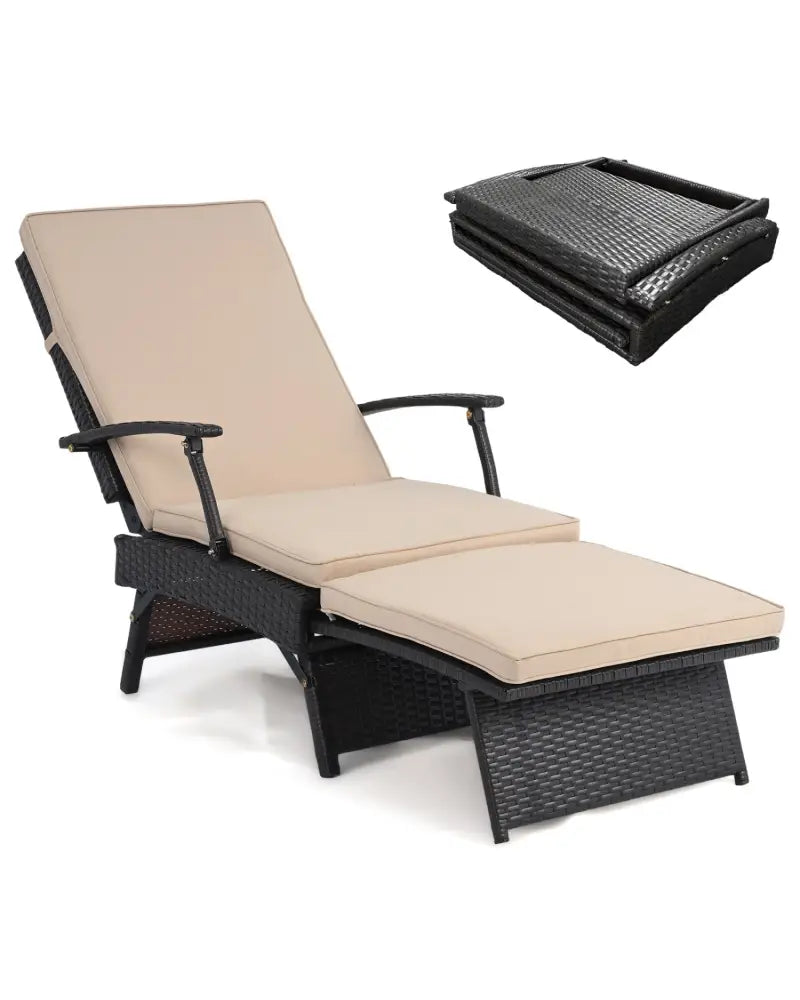 Folding Wicker Chaise Lounge with Slide-Out Ottoman11-Level Adjustable Backrest to Flat and Sun-Proof PE Rattan-Brown