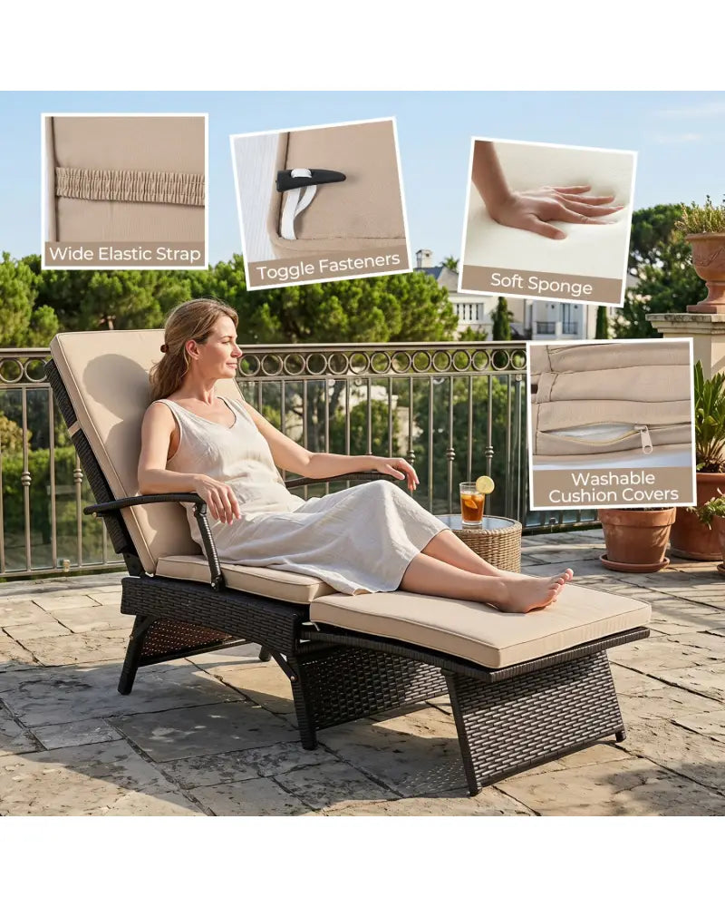 Folding Wicker Chaise Lounge with Slide-Out Ottoman11-Level Adjustable Backrest to Flat and Sun-Proof PE Rattan-Brown