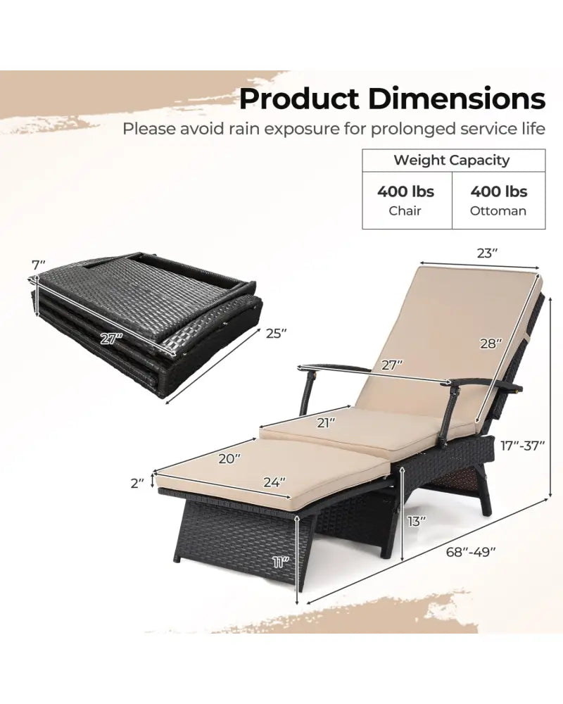 Folding Wicker Chaise Lounge with Slide-Out Ottoman11-Level Adjustable Backrest to Flat and Sun-Proof PE Rattan-Brown